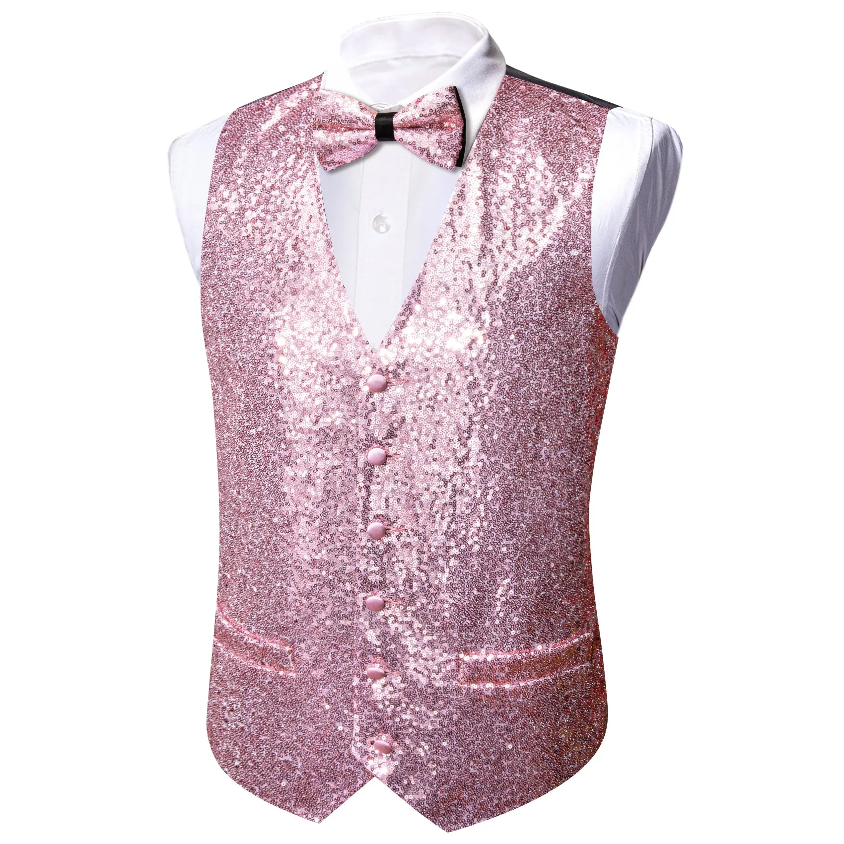 Barry.wang Men's Vest Pink Shining Bow tie Waistcoat Vest Set for Party