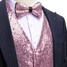 Barry.wang Men's Vest Pink Shining Bow tie Waistcoat Vest Set for Party