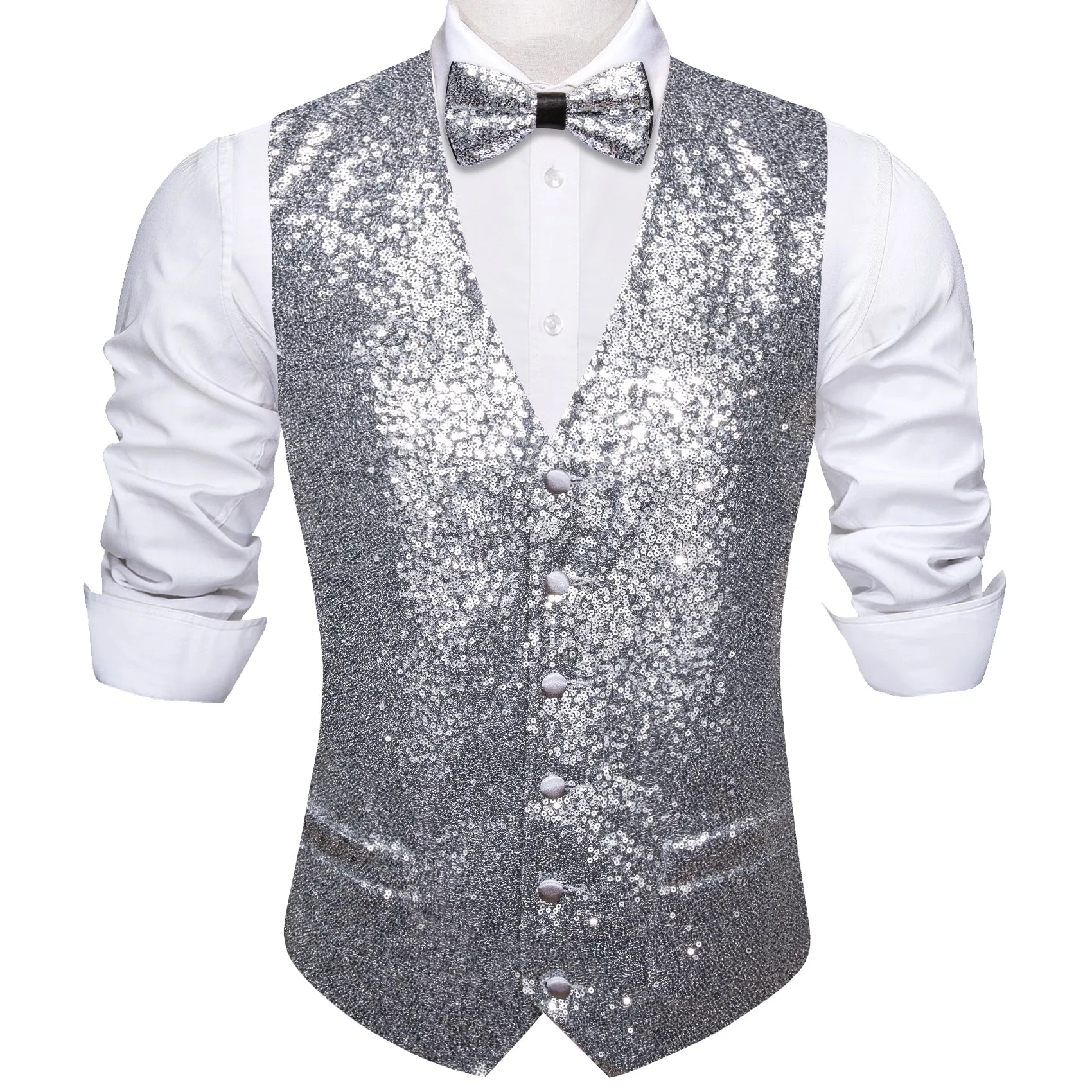 Barry.wang Men's Vest Shining Silver Bow tie Waistcoat Vest Set for Men