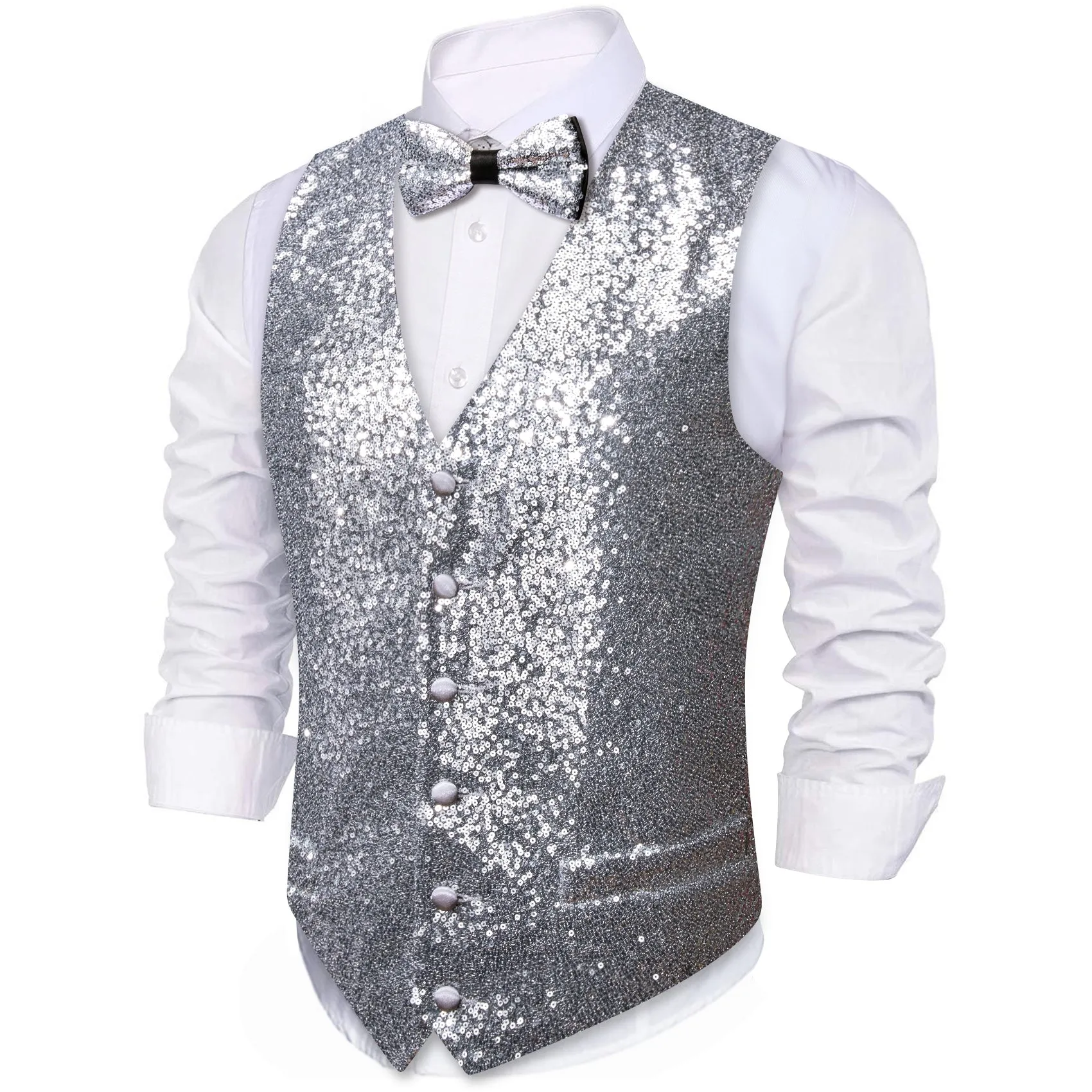 Barry.wang Men's Vest Shining Silver Bow tie Waistcoat Vest Set for Men