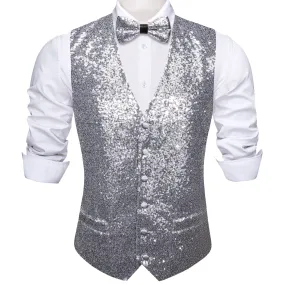 Barry.wang Men's Vest Shining Silver Bow tie Waistcoat Vest Set for Men