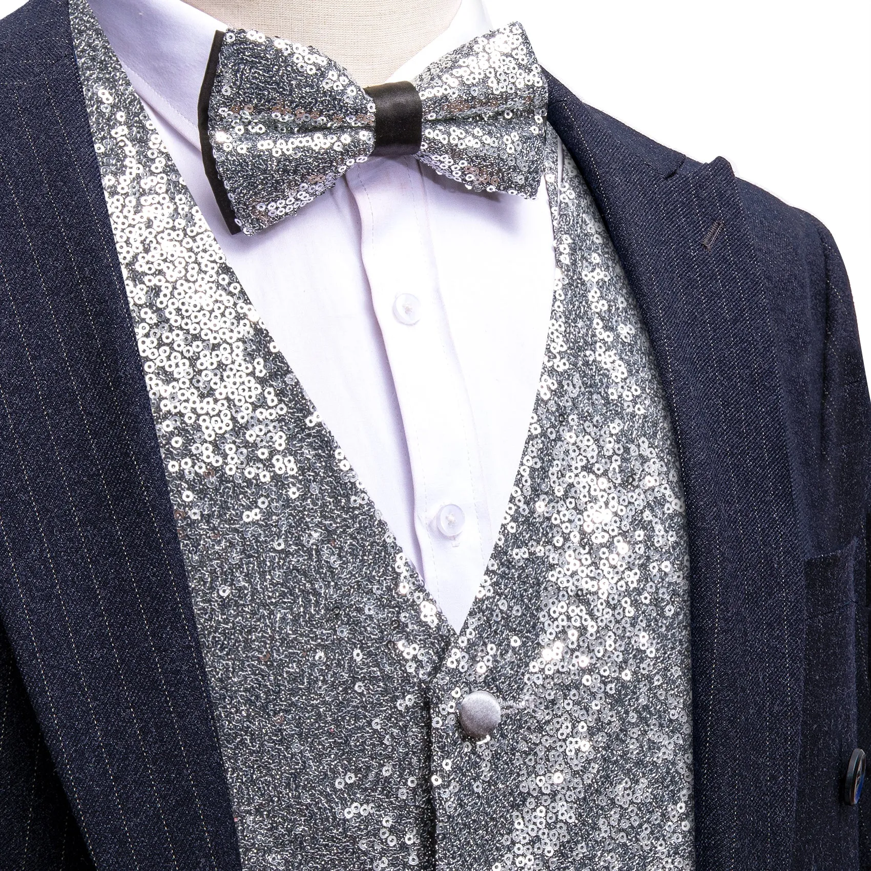 Barry.wang Men's Vest Shining Silver Bow tie Waistcoat Vest Set for Men