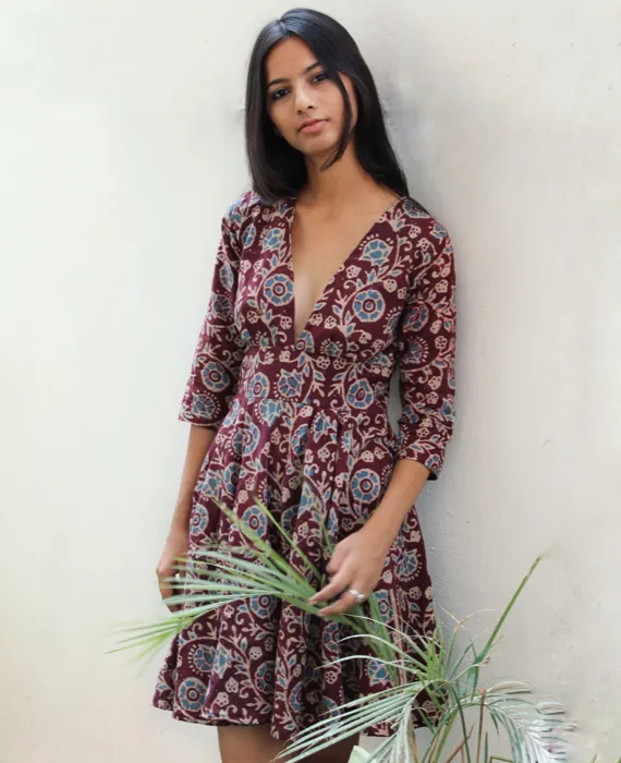Batik V Neck Fit and Flare Dress