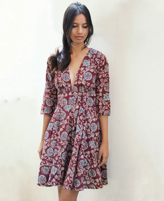 Batik V Neck Fit and Flare Dress