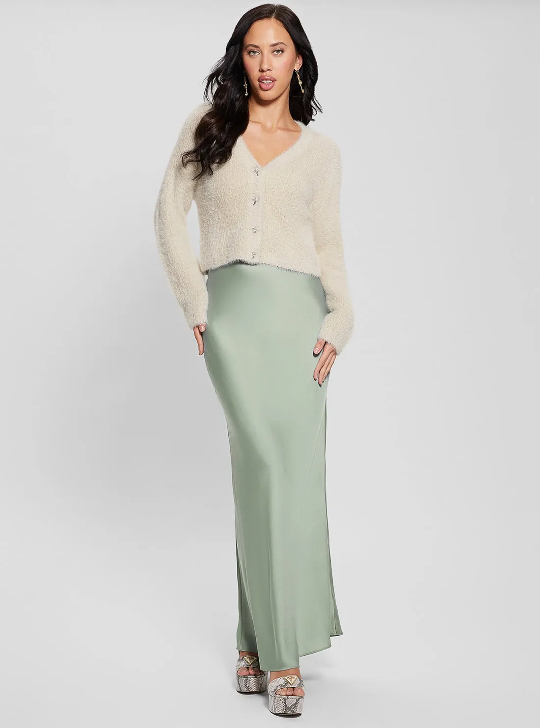 Beige Bow Button Knit Cardigan