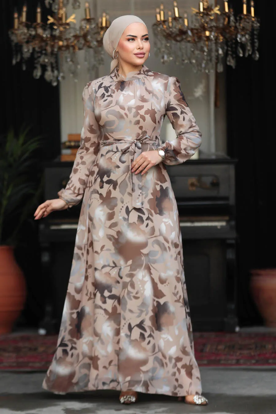 Beige Printed Turkish Dress