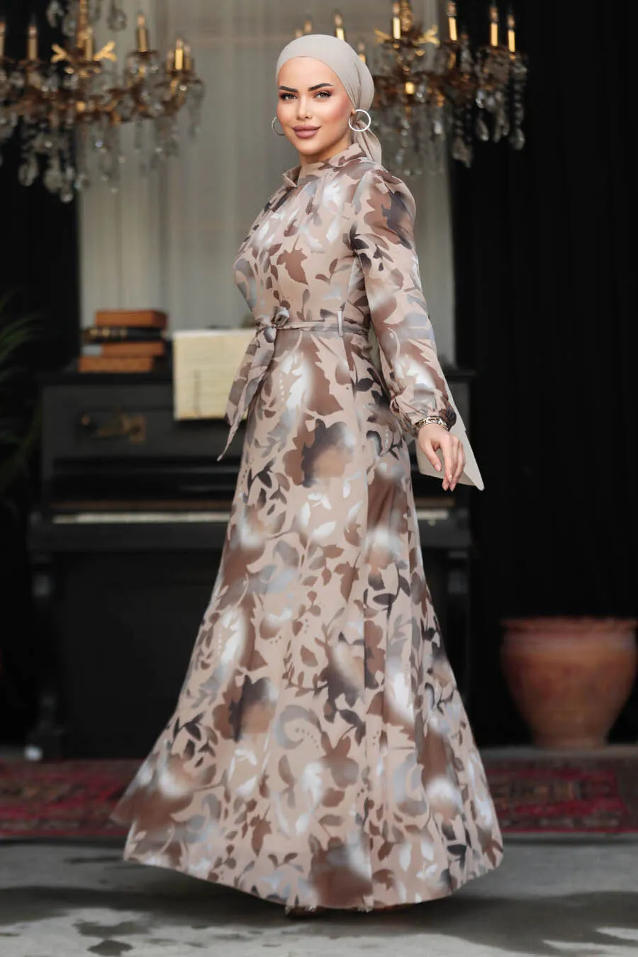 Beige Printed Turkish Dress