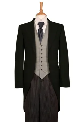 Black 3 Piece Herringbone Tailcoat Suit with Pinstripe Trousers & Grey Waistcoat