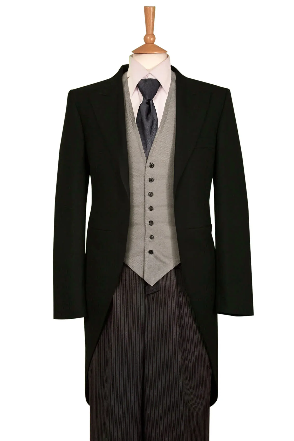 Black 3 Piece Herringbone Tailcoat Suit with Pinstripe Trousers & Grey Waistcoat