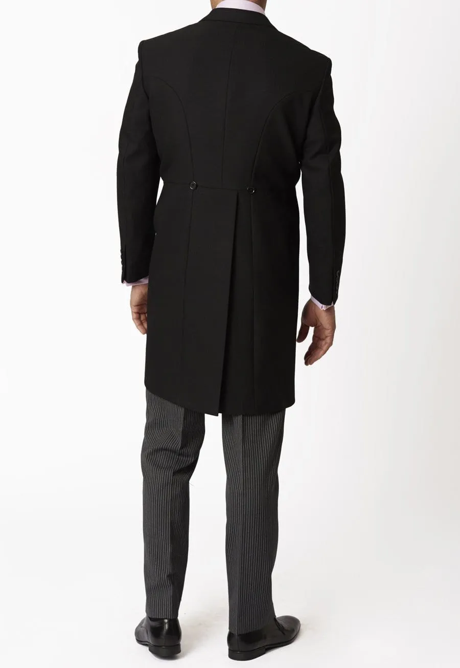 Black 3 Piece Herringbone Tailcoat Suit with Pinstripe Trousers & Grey Waistcoat