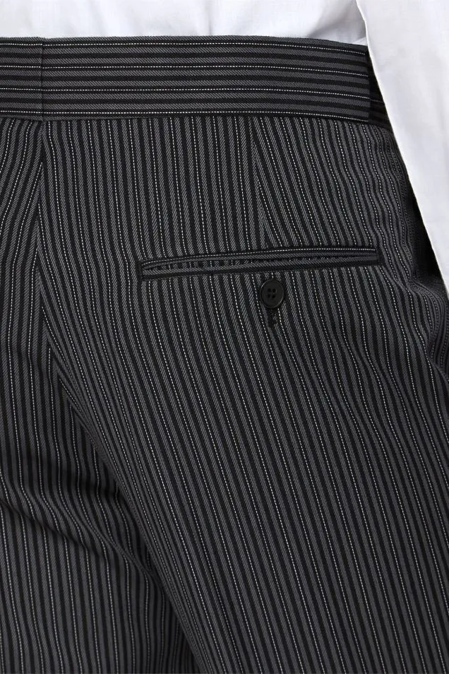 Black 3 Piece Herringbone Tailcoat Suit with Pinstripe Trousers & Grey Waistcoat