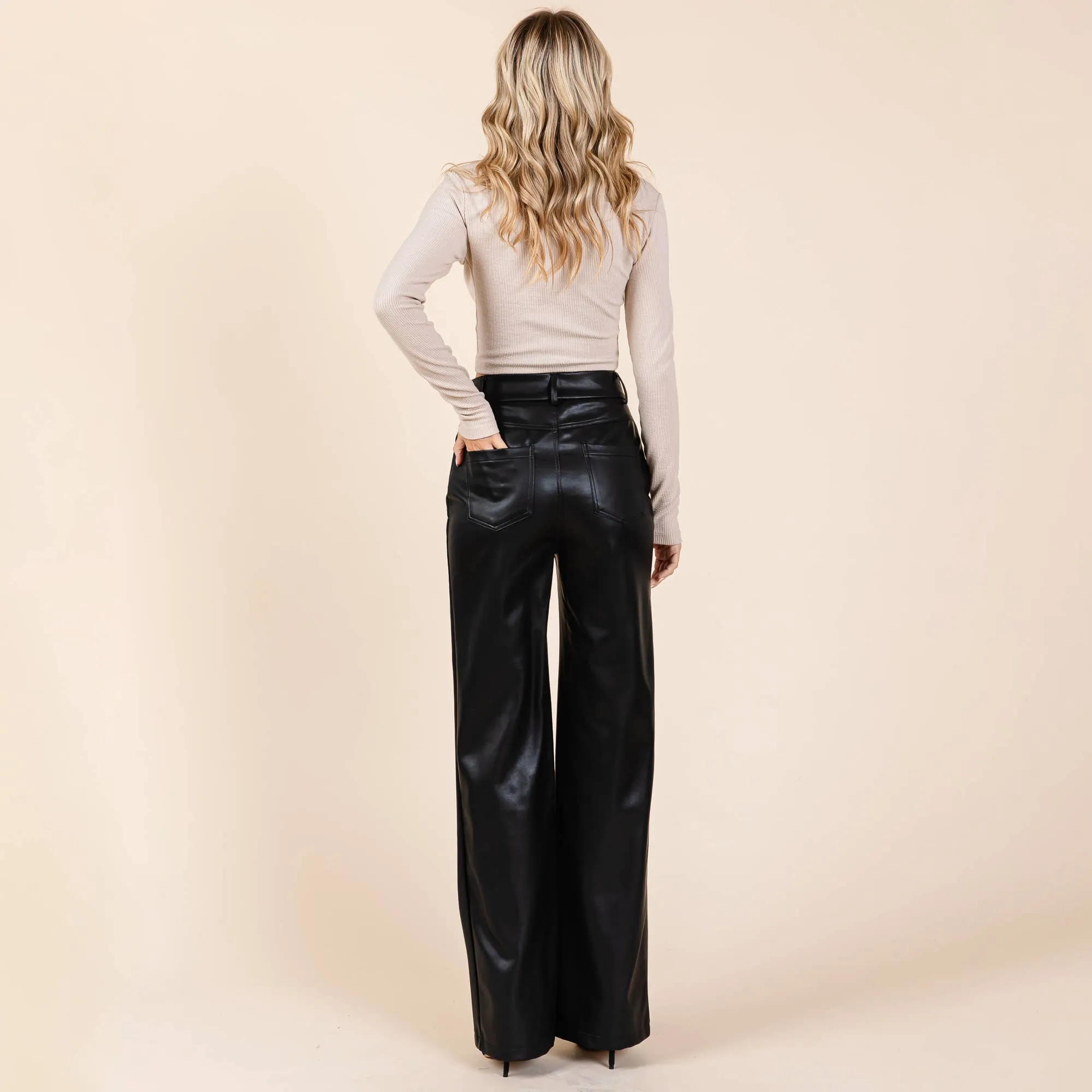 Black Faux Leather Bonded Fleece Wide Leg Pants