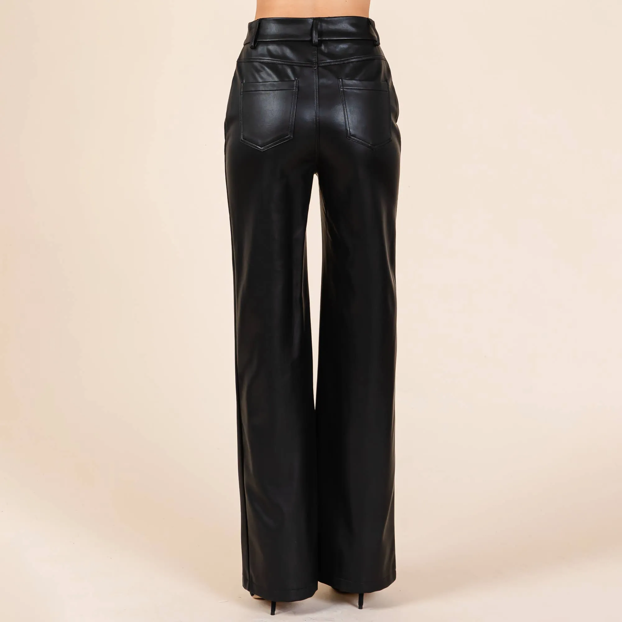 Black Faux Leather Bonded Fleece Wide Leg Pants