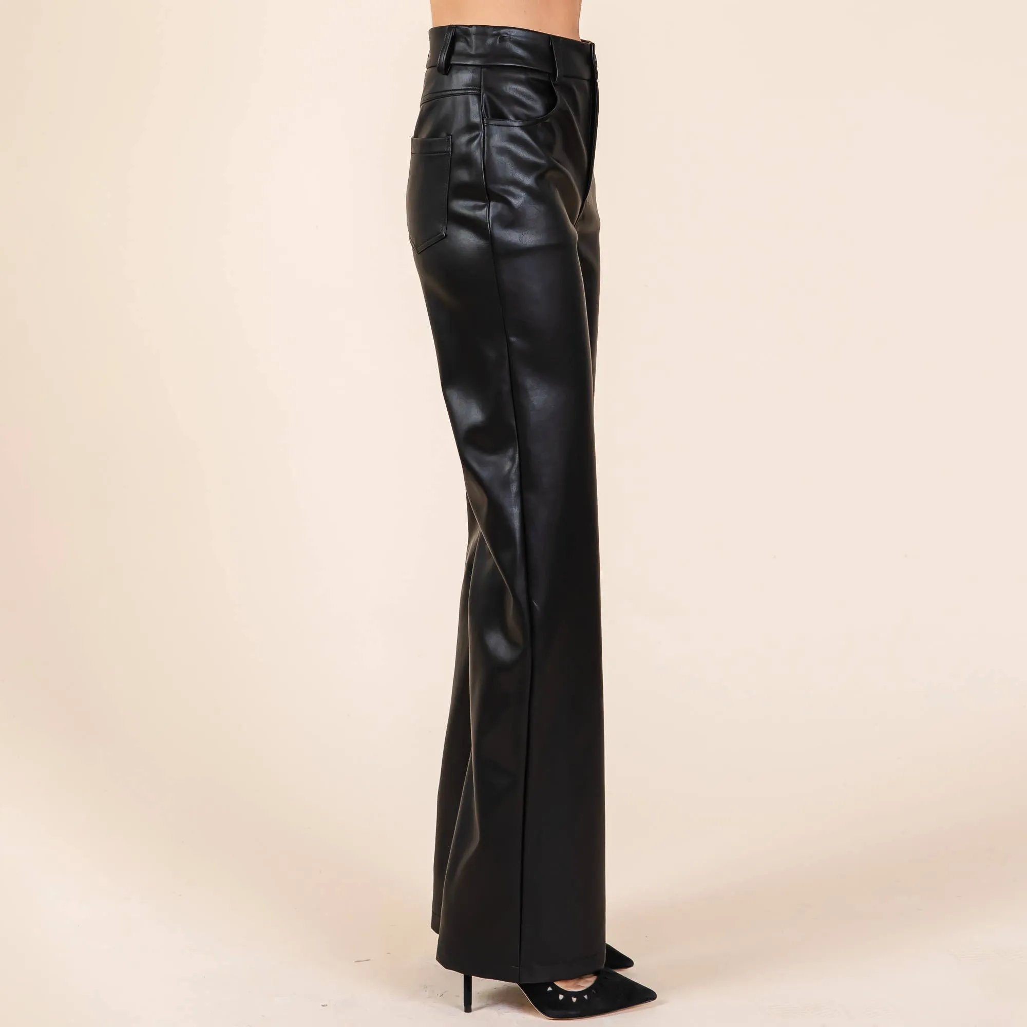 Black Faux Leather Bonded Fleece Wide Leg Pants