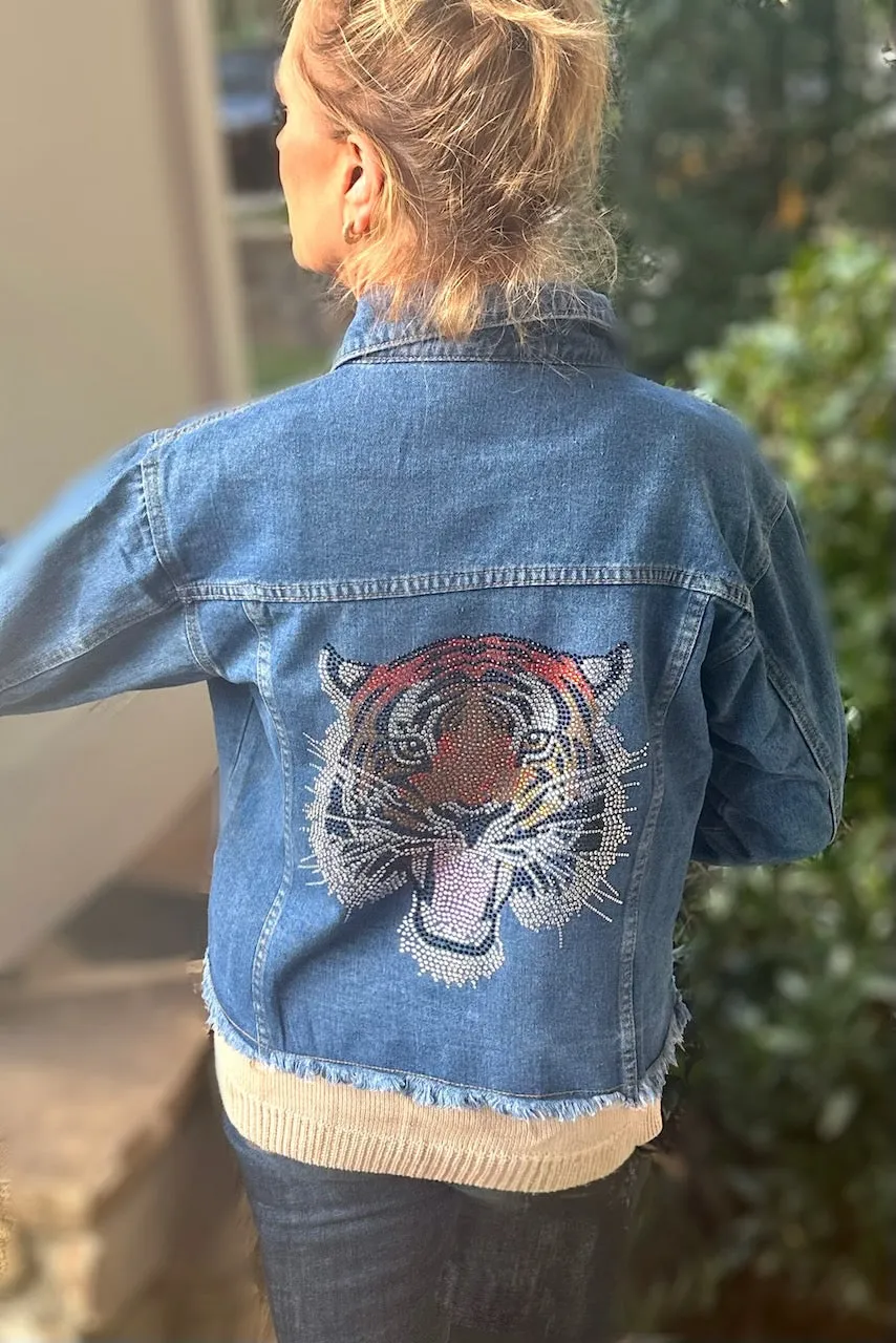 Blue Denim Rhinestone Chic Tiger Jacket