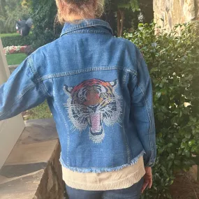 Blue Denim Rhinestone Chic Tiger Jacket