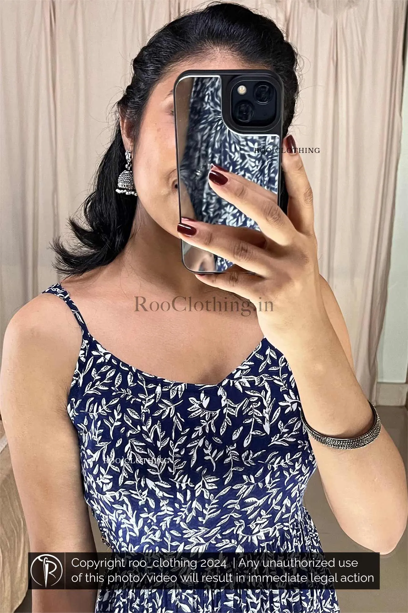 Blue Leaves Printed Noodle Strapped Frock With Adjustable Strap (Dress Only)