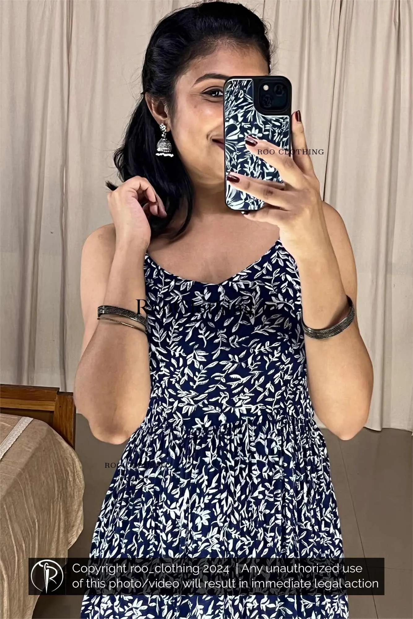 Blue Leaves Printed Noodle Strapped Frock With Adjustable Strap (Dress Only)