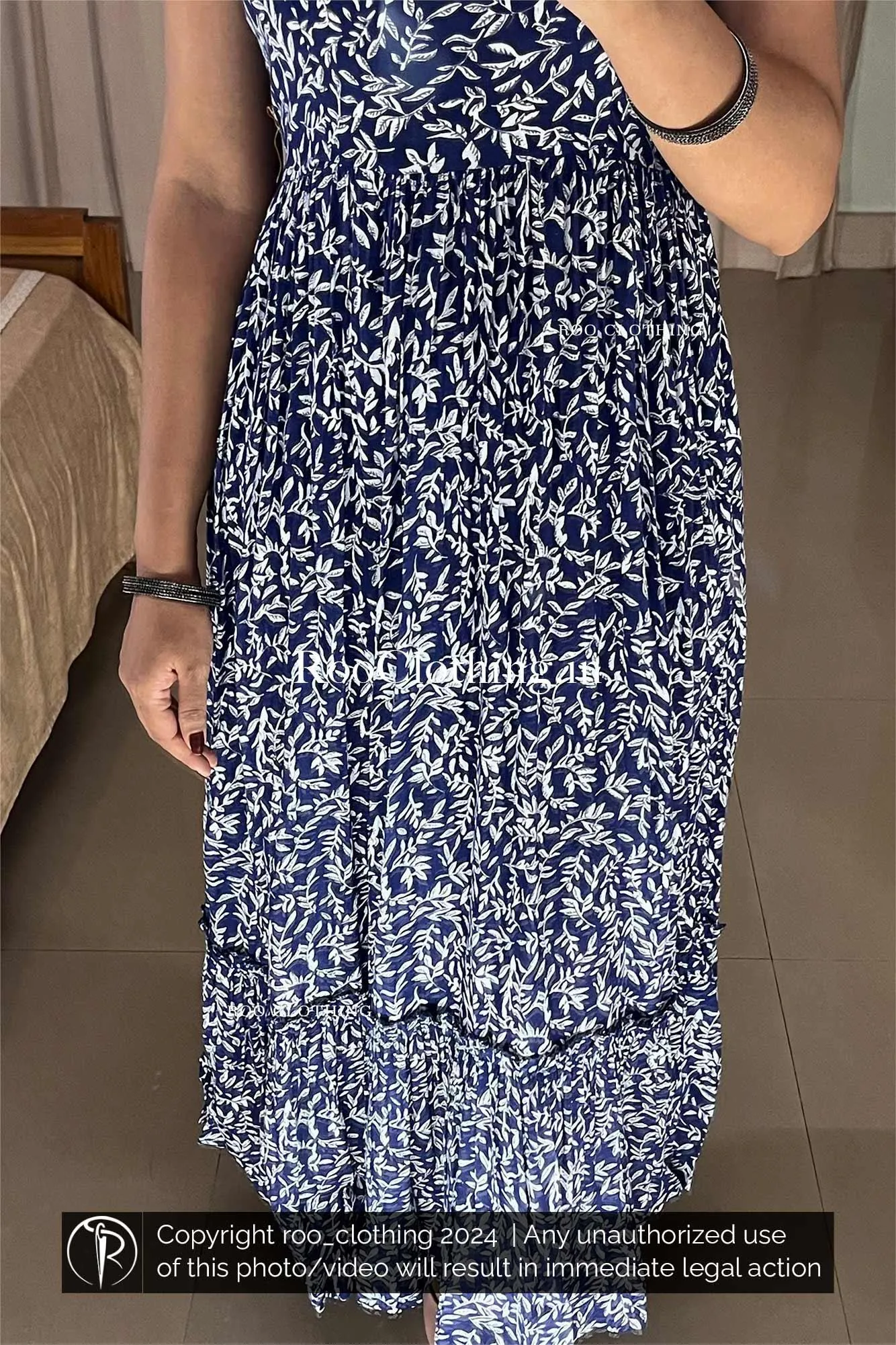 Blue Leaves Printed Noodle Strapped Frock With Adjustable Strap (Dress Only)