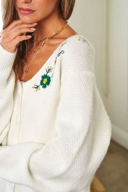 Blue Zone Planet |  Davi & Dani Flower Embroidered Button Up Long Sleeve Cardigan