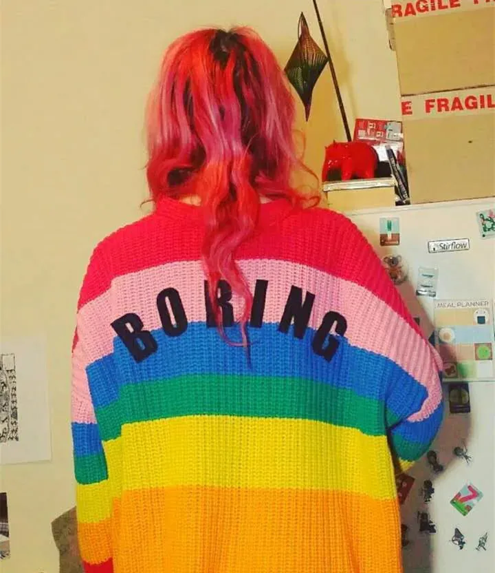 BORING Letters Rainbow Striped Cardigan