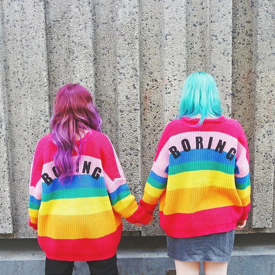 BORING Letters Rainbow Striped Cardigan