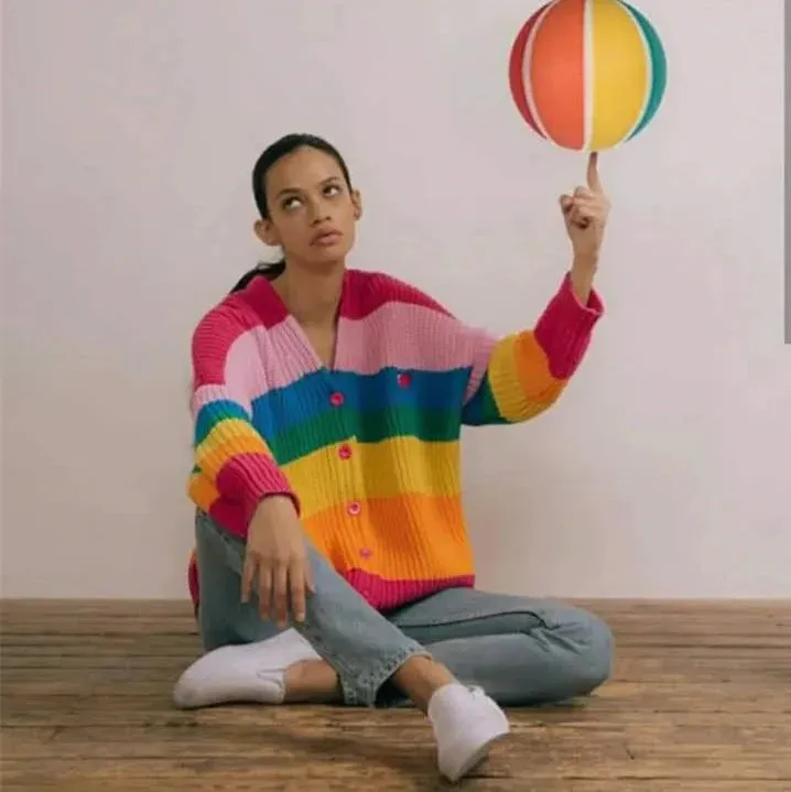 BORING Letters Rainbow Striped Cardigan