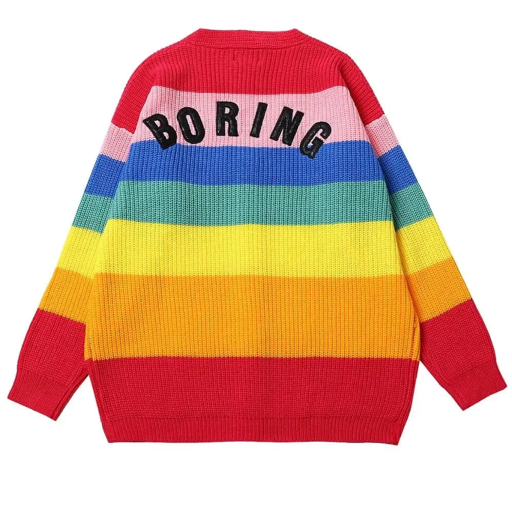 BORING Letters Rainbow Striped Cardigan