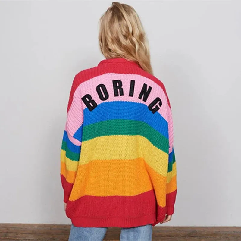 BORING Letters Rainbow Striped Cardigan