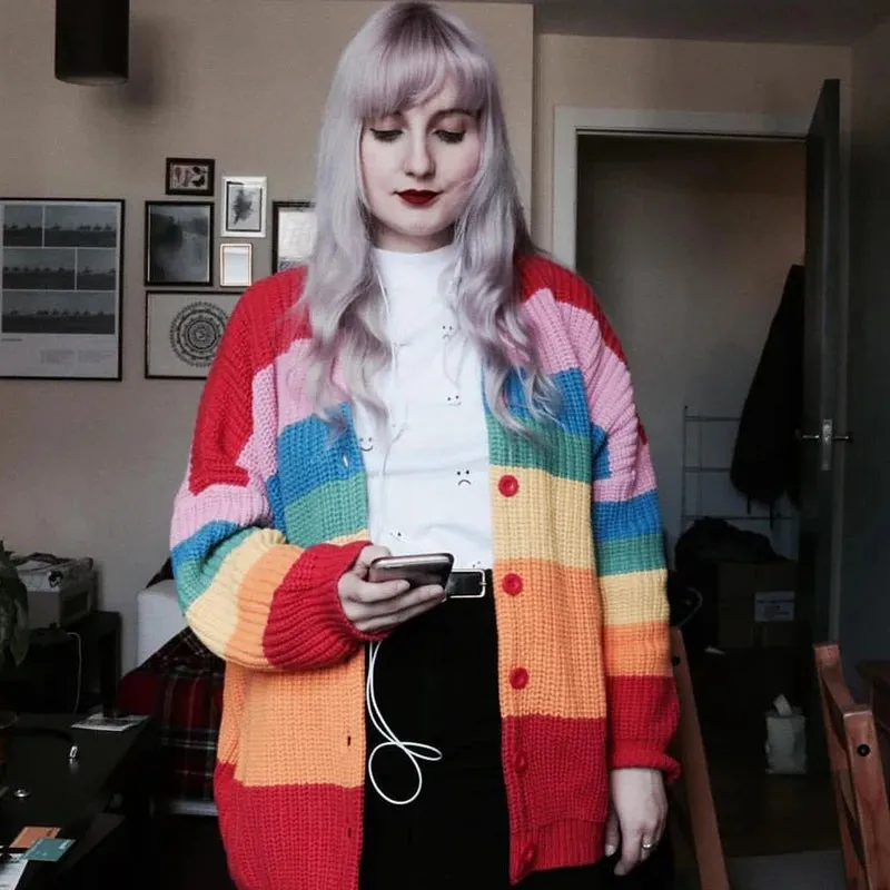 BORING Letters Rainbow Striped Cardigan