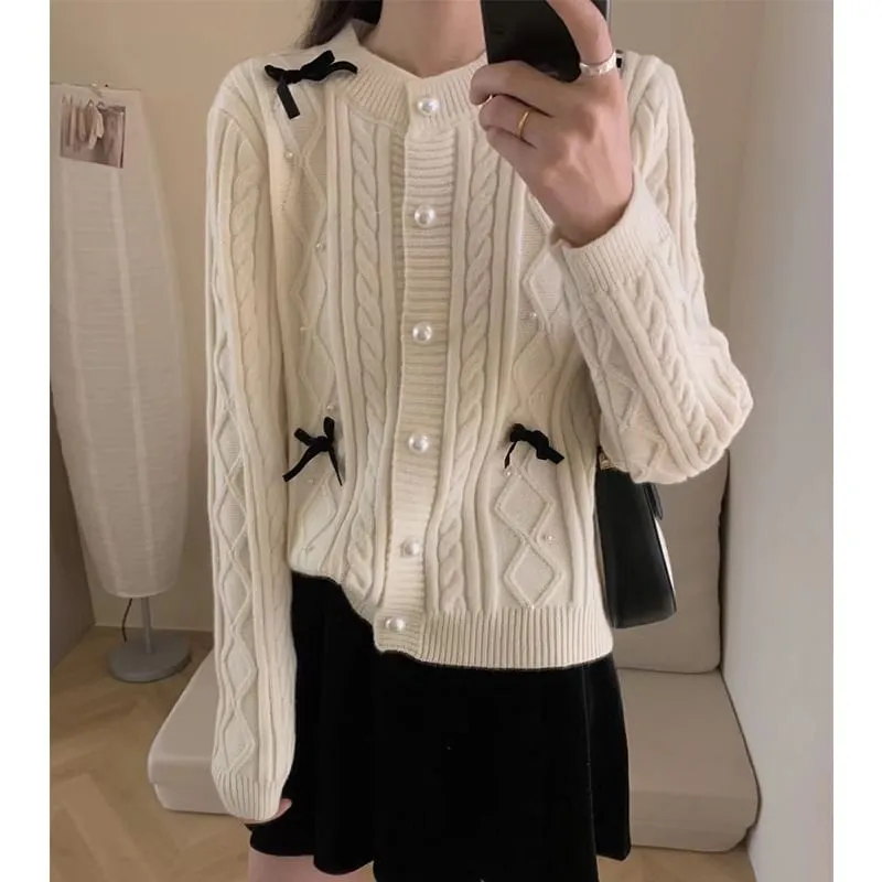 Bow Accent Faux Pearl Cardigan