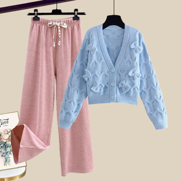 Bow Knot V-neck Cardigan Sweater Casual Pants