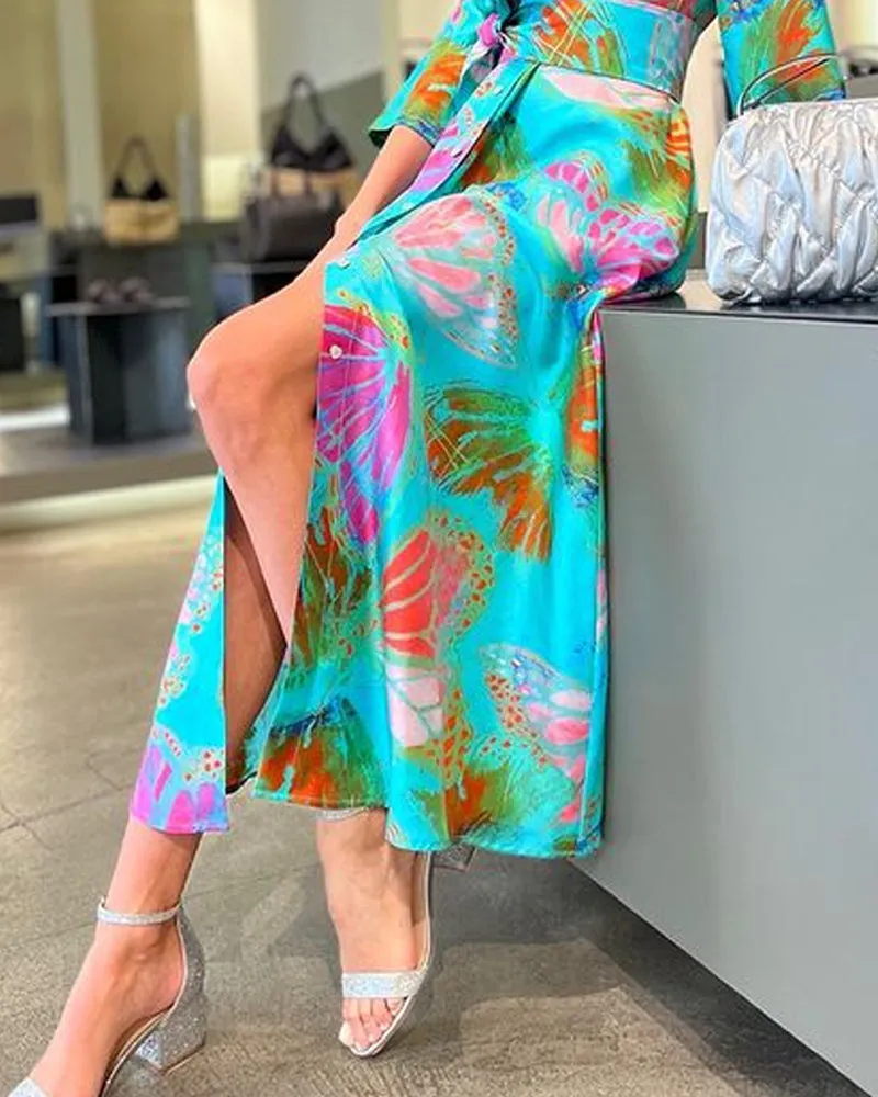 Casual Lapel Print Shirt Dress Midi Dress