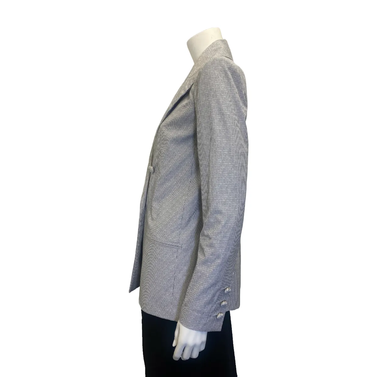 Chanel women's navy and white cotton pinstripe jacket with "Chanel" buttons