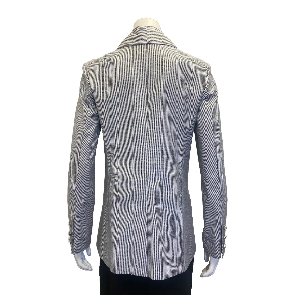 Chanel women's navy and white cotton pinstripe jacket with "Chanel" buttons