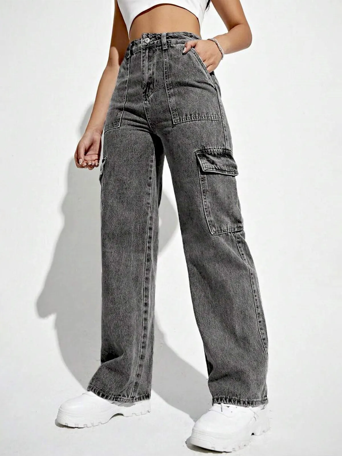 Charcoal High Waist Wide Leg Denim Cargo