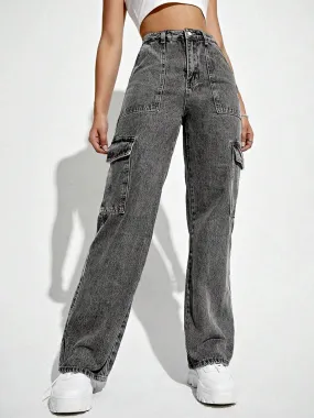 Charcoal High Waist Wide Leg Denim Cargo