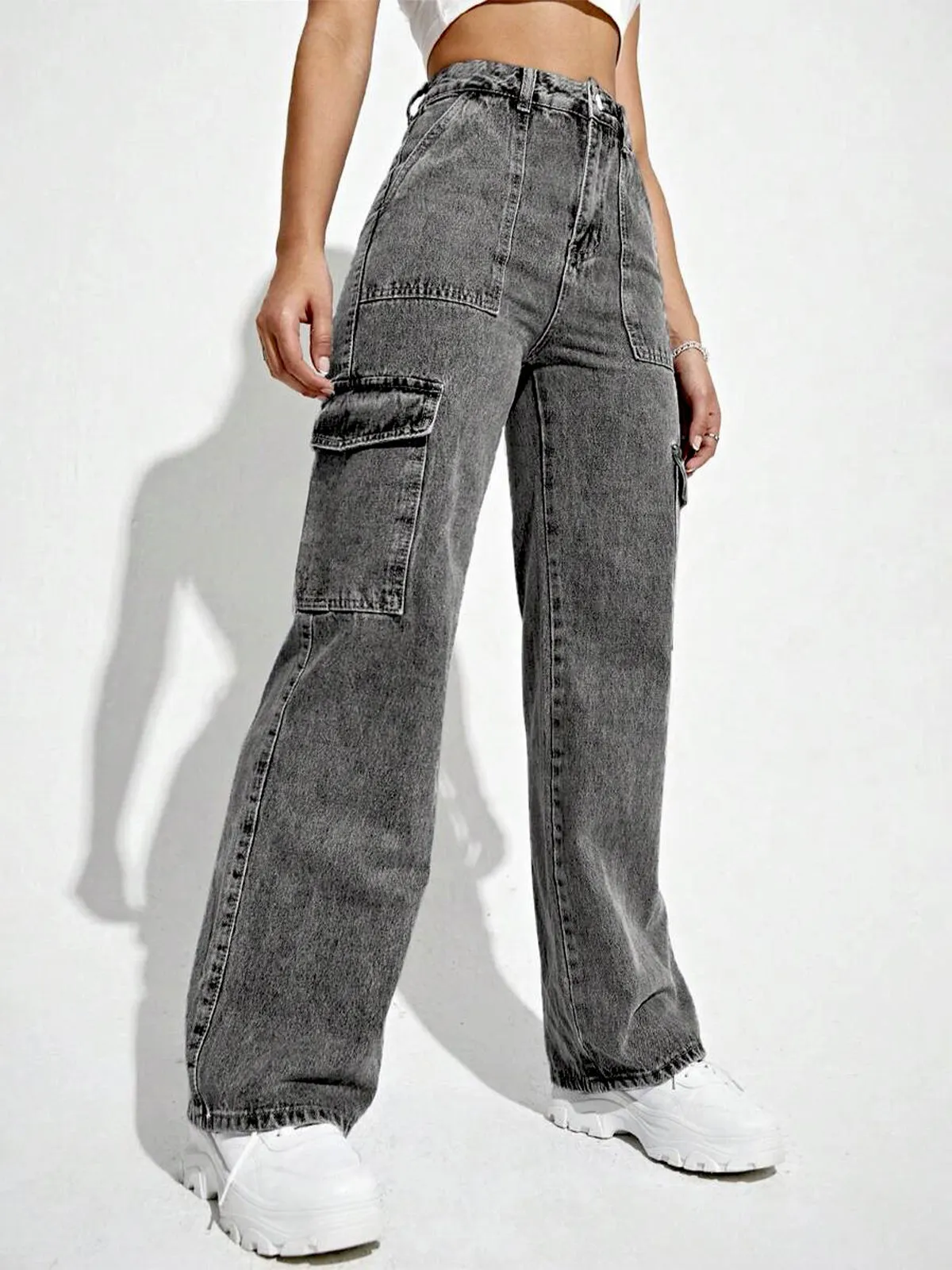 Charcoal High Waist Wide Leg Denim Cargo