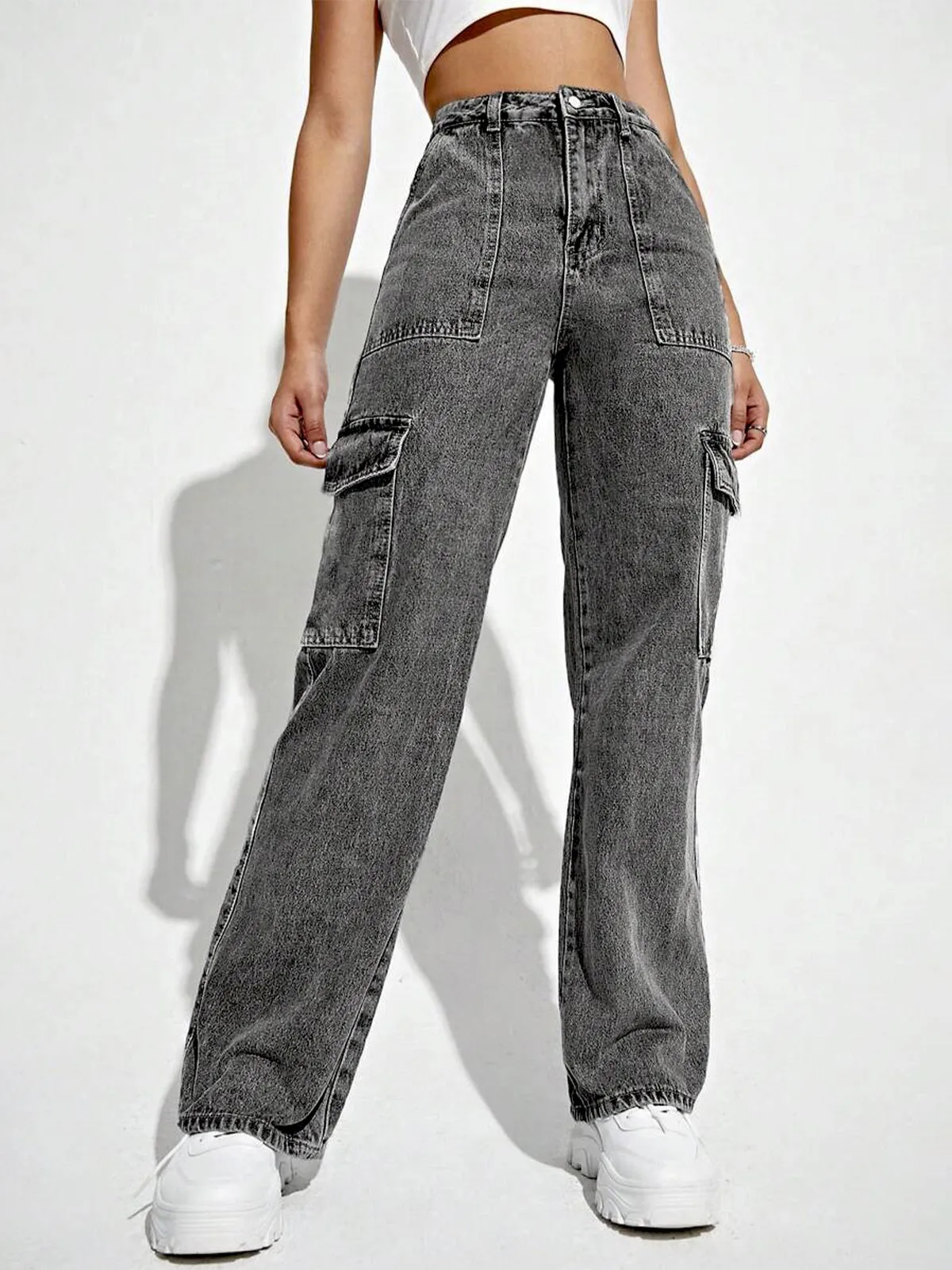 Charcoal High Waist Wide Leg Denim Cargo