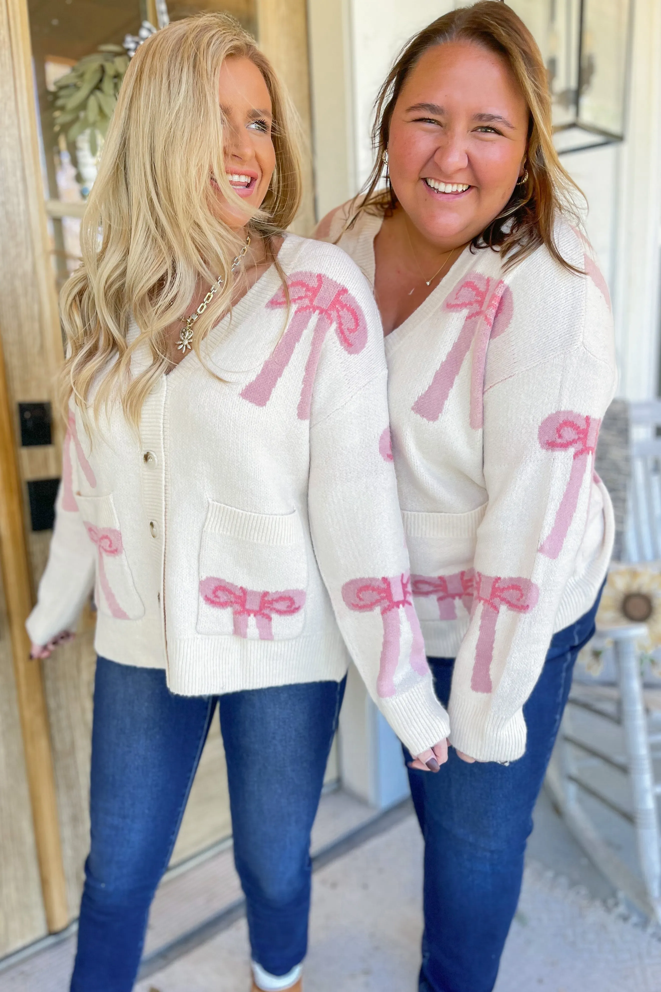Chelsey Ribbon Bow Pattern Sweater Cardigan [S-3X]