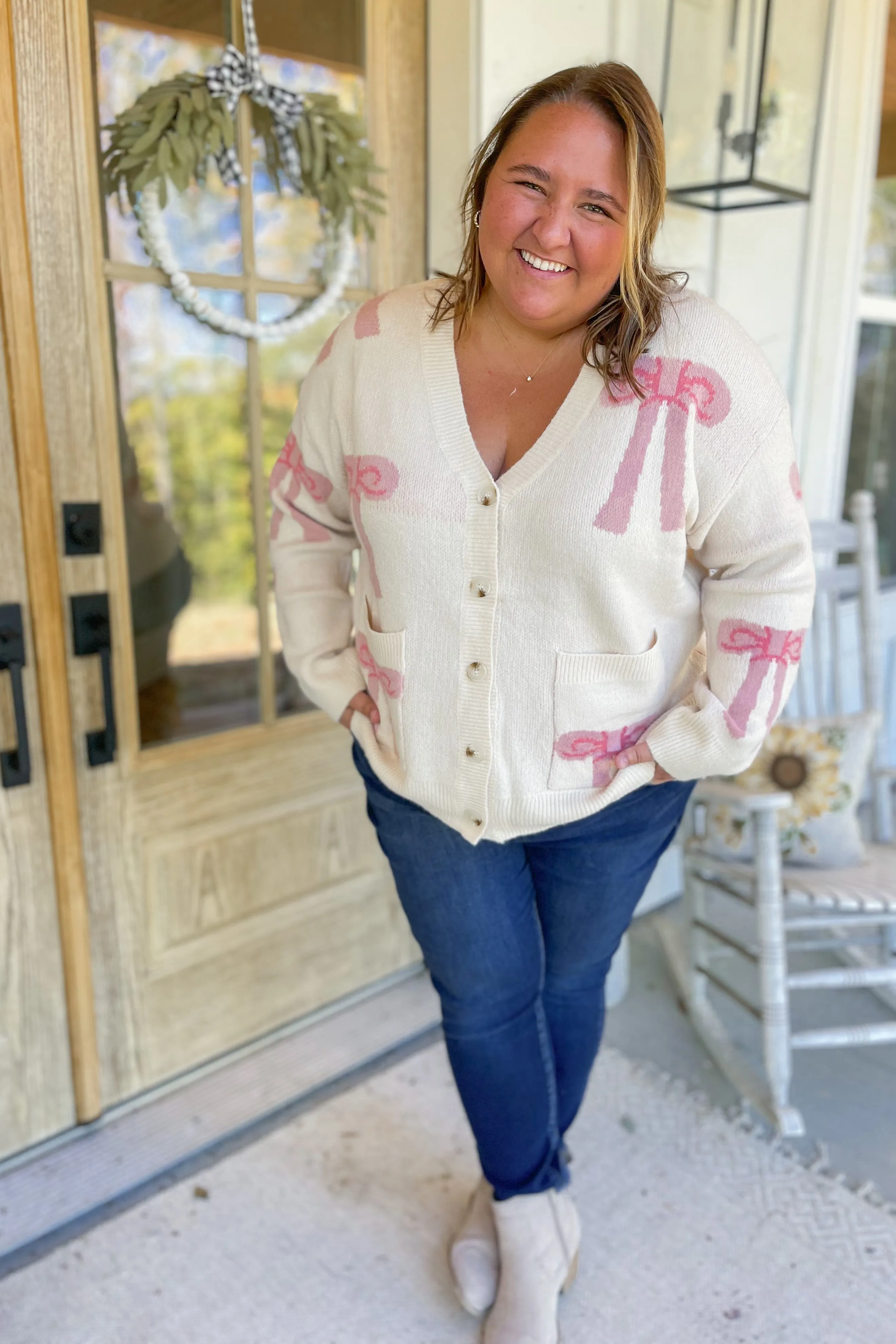 Chelsey Ribbon Bow Pattern Sweater Cardigan [S-3X]
