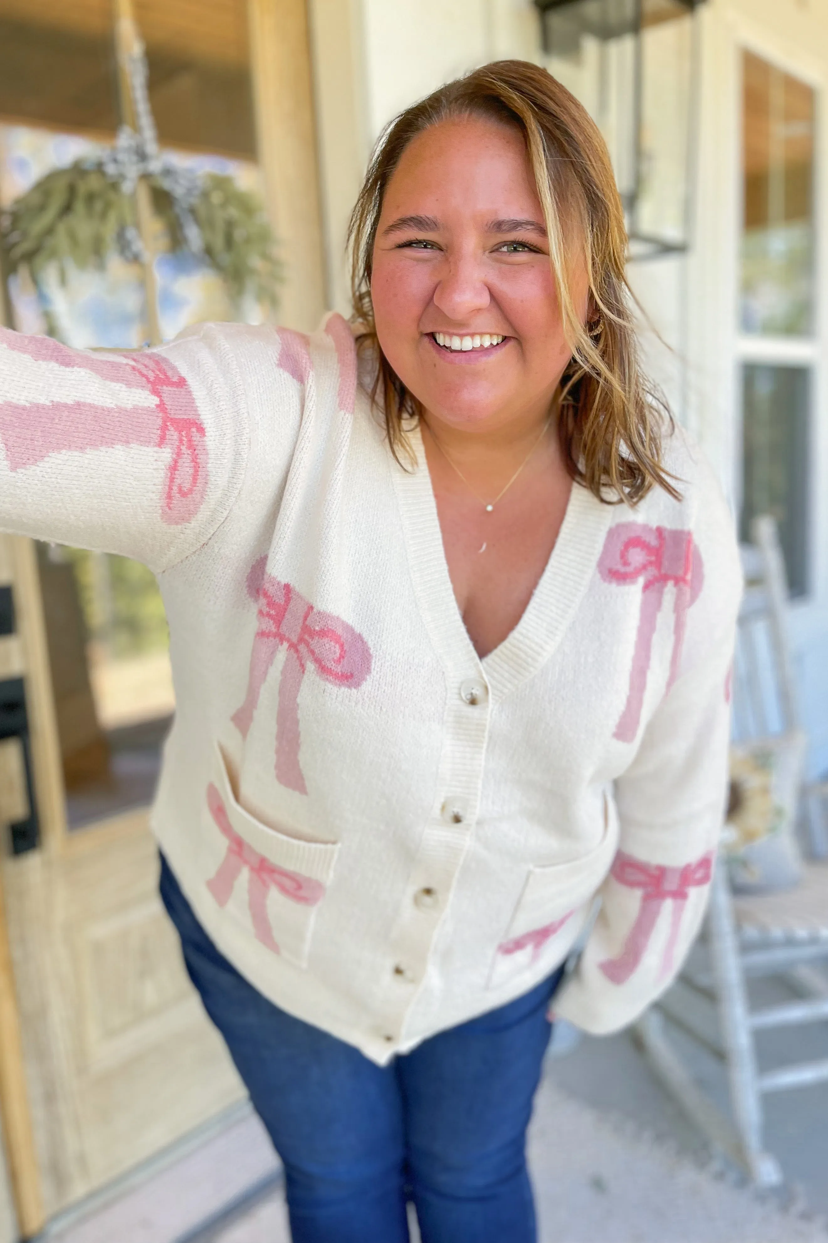 Chelsey Ribbon Bow Pattern Sweater Cardigan [S-3X]