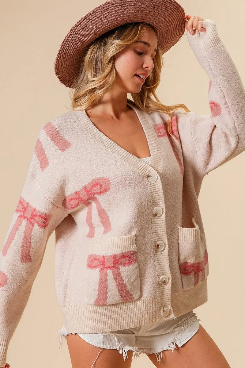 Chelsey Ribbon Bow Pattern Sweater Cardigan [S-3X]