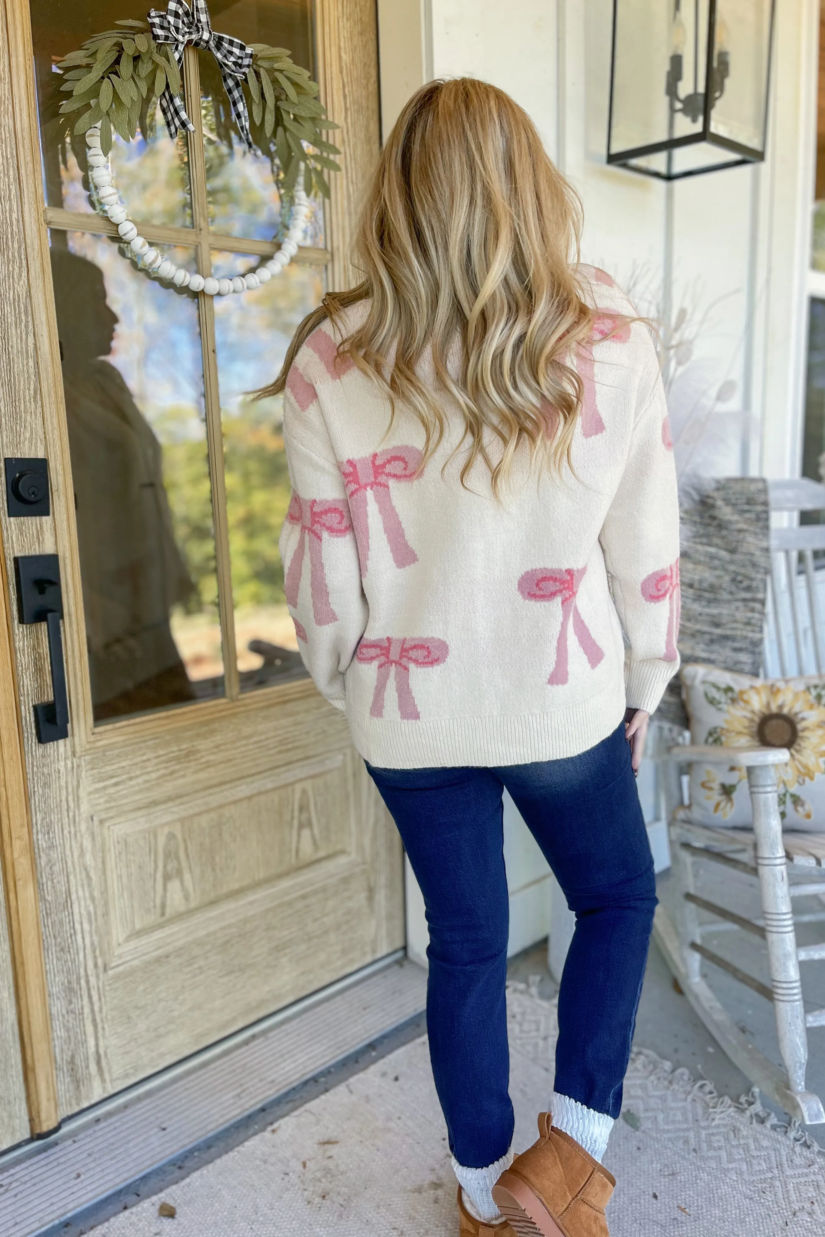 Chelsey Ribbon Bow Pattern Sweater Cardigan [S-3X]