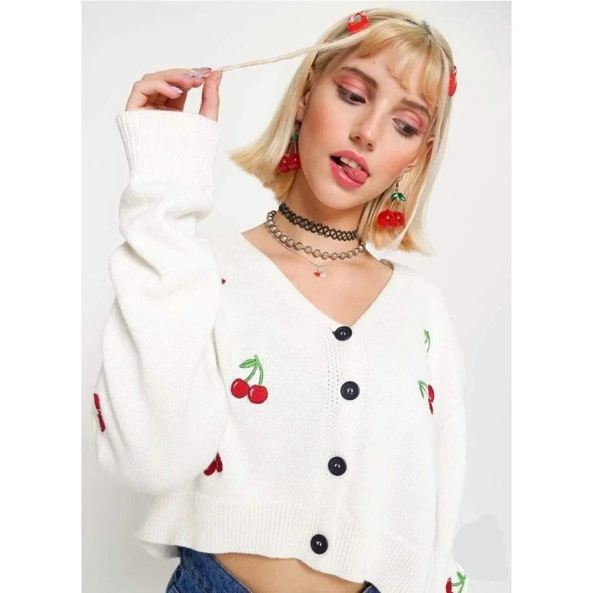 Cherry Embroidered Short Cardigan