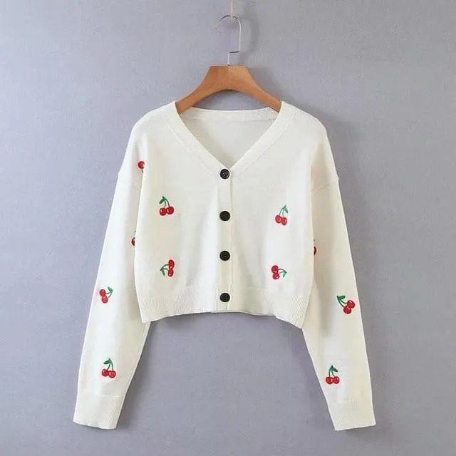 Cherry Embroidered Short Cardigan
