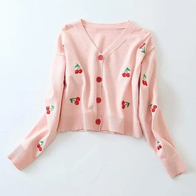 Cherry Embroidered Short Cardigan