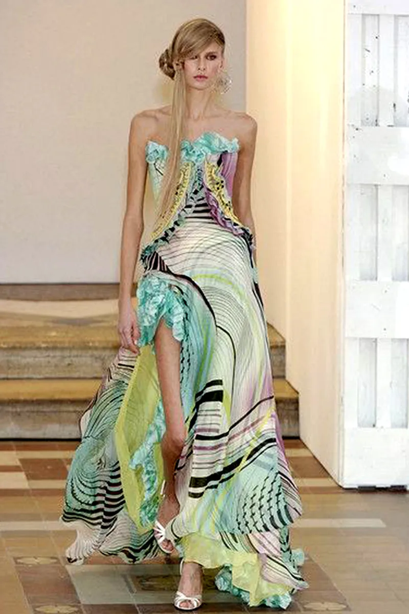 Christian Lacroix Runway 2005 Strapless Silk Ruffled Evening Dress