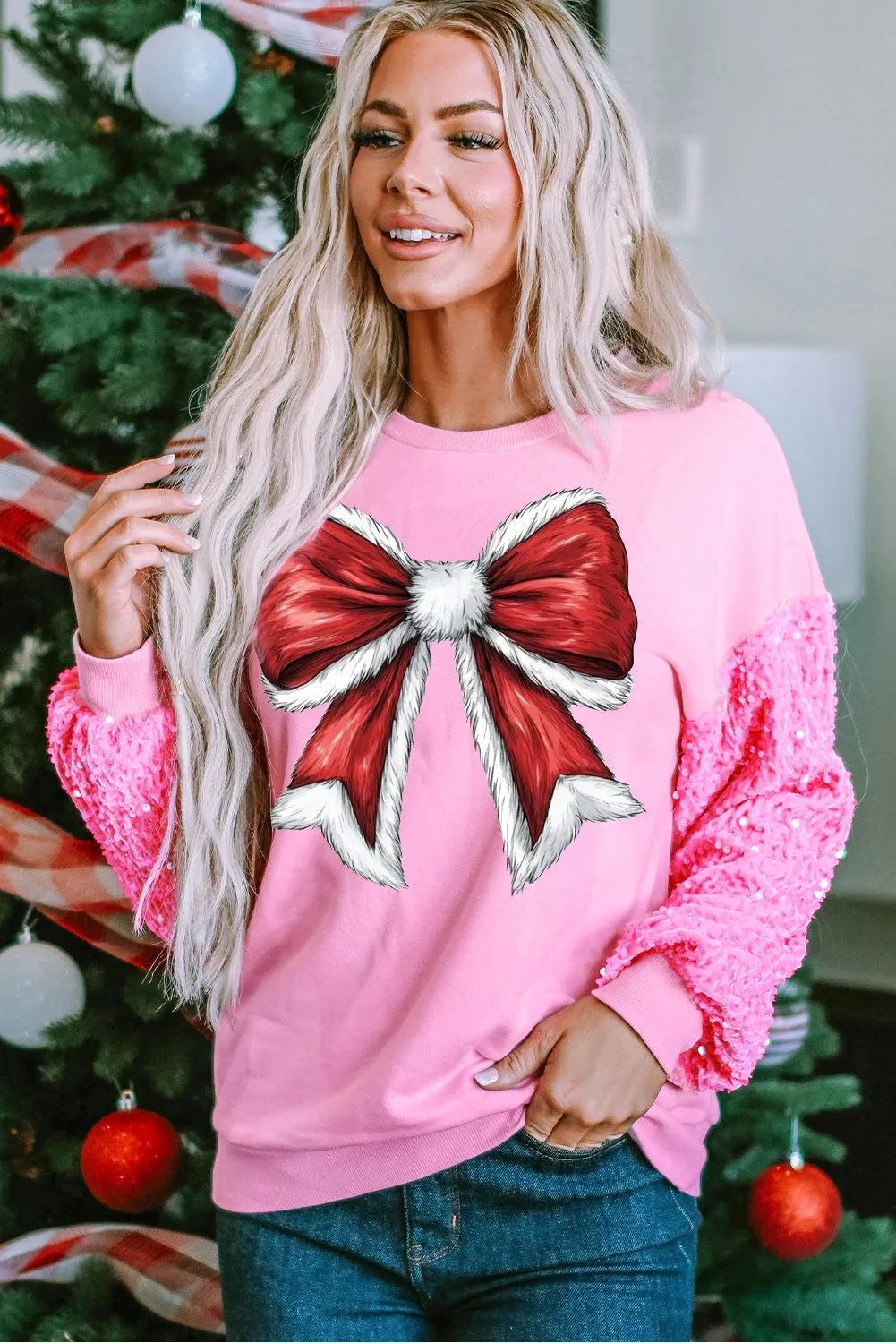 Christmas Bow Pattern Patchwork Sleeve Pink Pullover Sweater