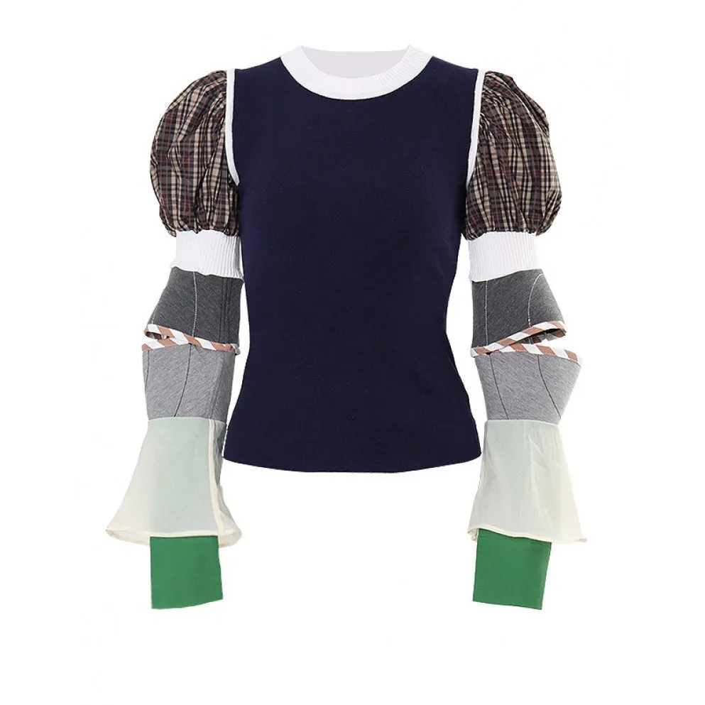Colorblock Patchwork Ruffle Sweater